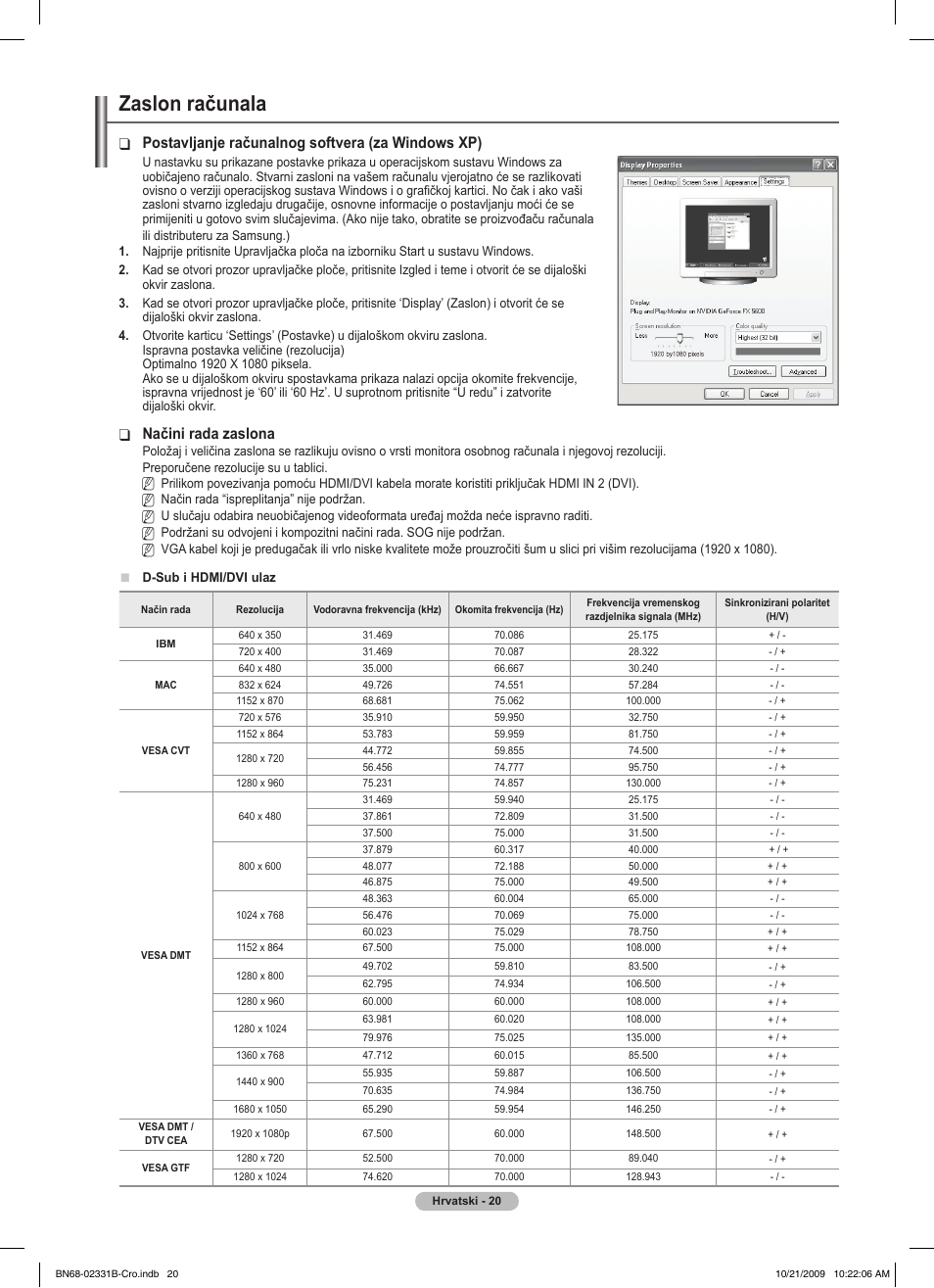 Zaslon računala, Postavljanje računalnog softvera (za windows xp), Načini rada zaslona | Samsung PS50B551T3W User Manual | Page 434 / 462