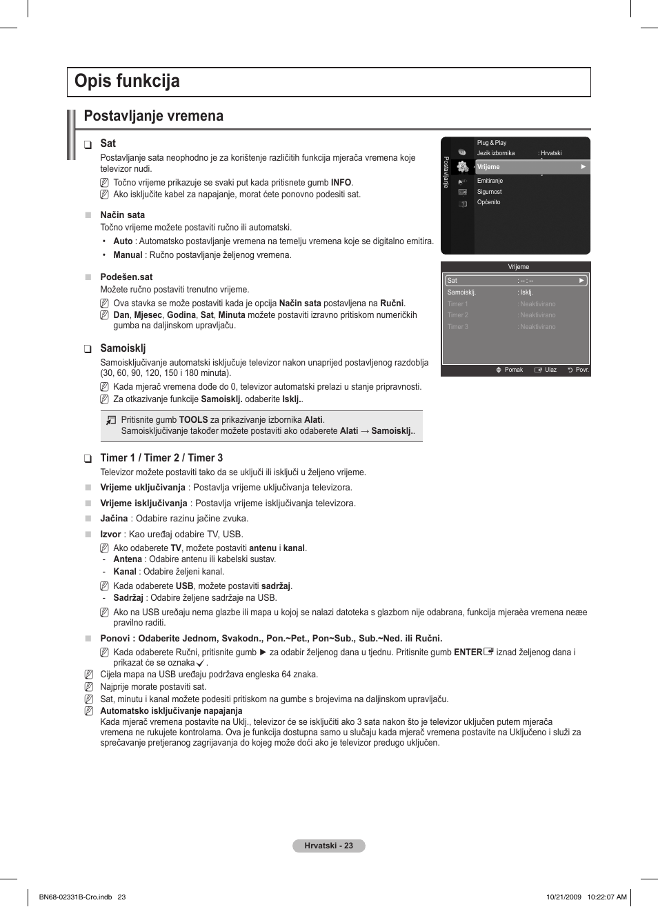 Opis funkcija, Postavljanje vremena | Samsung PS50B551T3W User Manual | Page 437 / 462