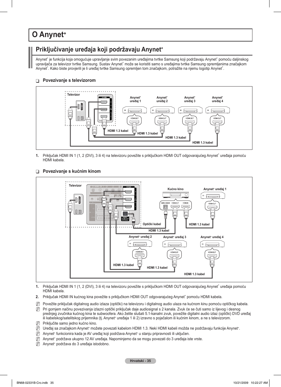 O anynet, Priključivanje uređaja koji podržavaju anynet, Povezivanje s televizorom | Povezivanje s kućnim kinom | Samsung PS50B551T3W User Manual | Page 449 / 462