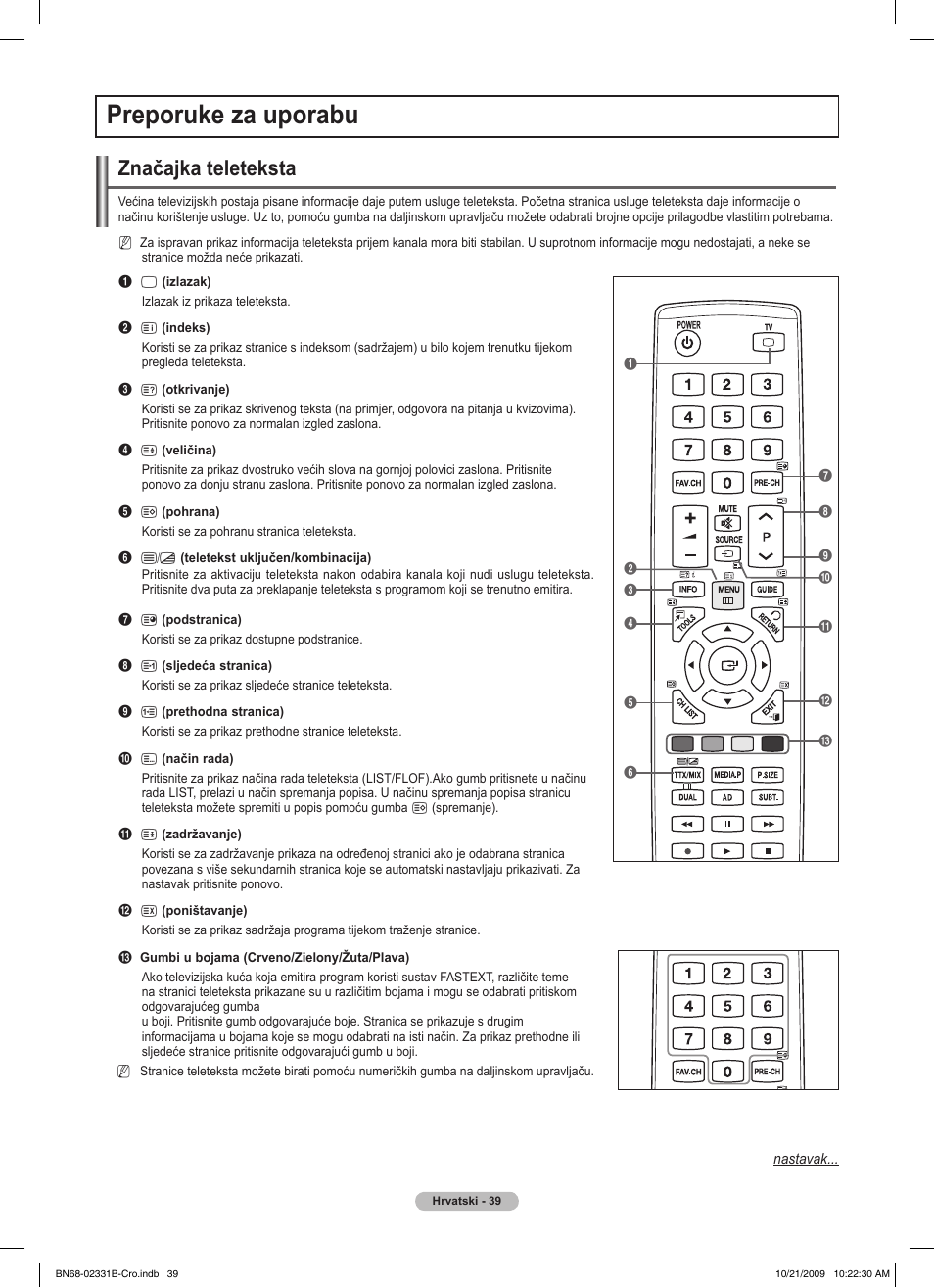 Preporuke za uporabu, Značajka teleteksta | Samsung PS50B551T3W User Manual | Page 453 / 462