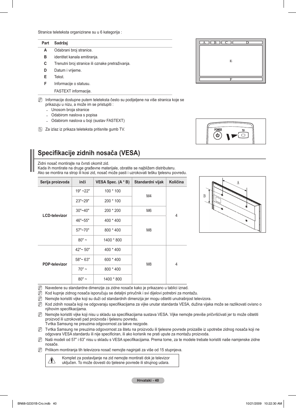 Specifikacije zidnih nosača (vesa) | Samsung PS50B551T3W User Manual | Page 454 / 462