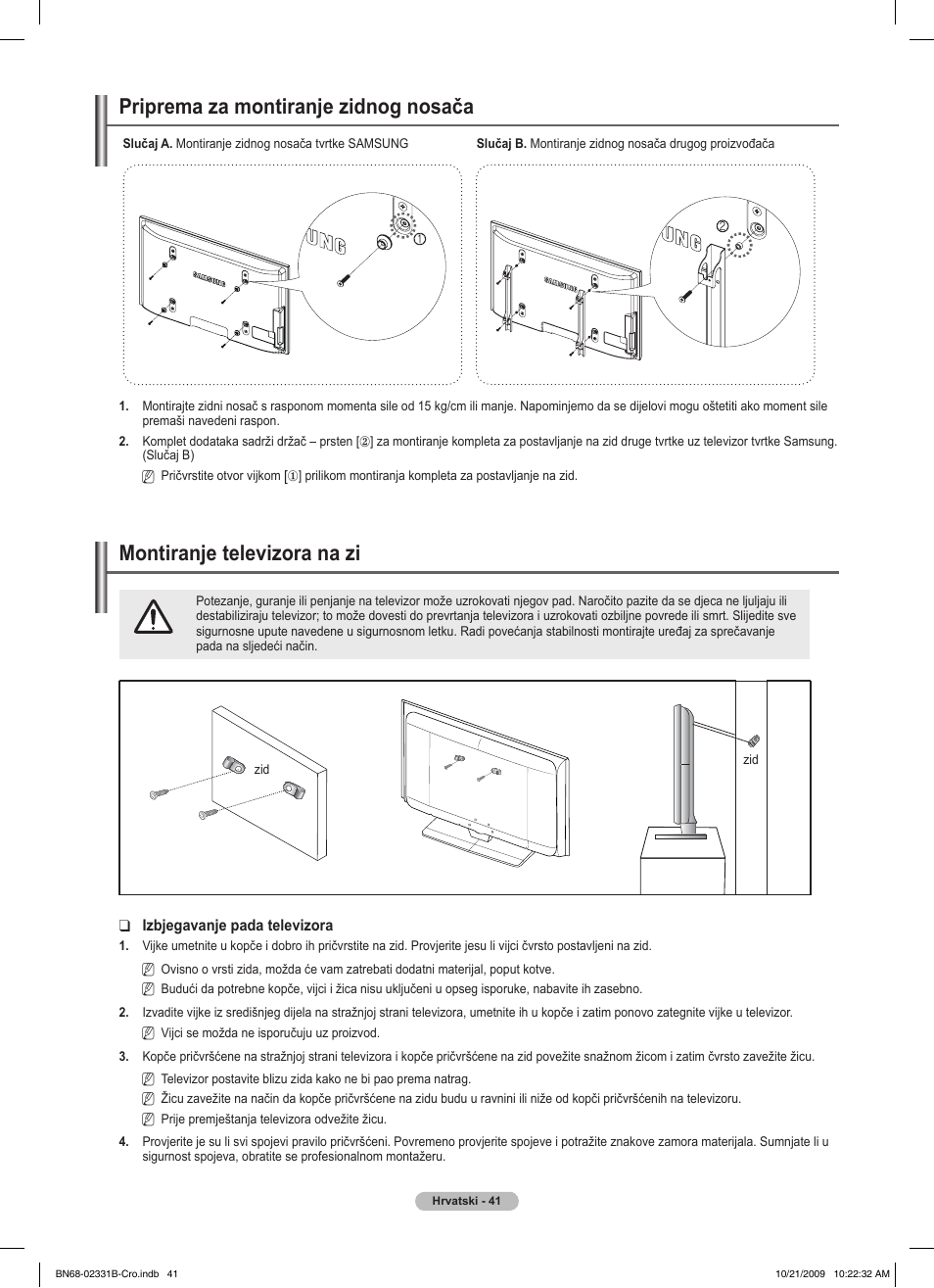 경고 주의 경고 주의, Priprema za montiranje zidnog nosača, Montiranje televizora na zi | Samsung PS50B551T3W User Manual | Page 455 / 462