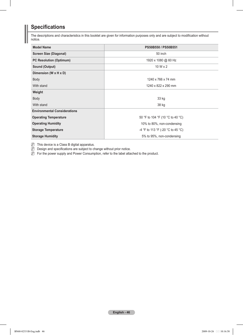 Specifications | Samsung PS50B551T3W User Manual | Page 46 / 462