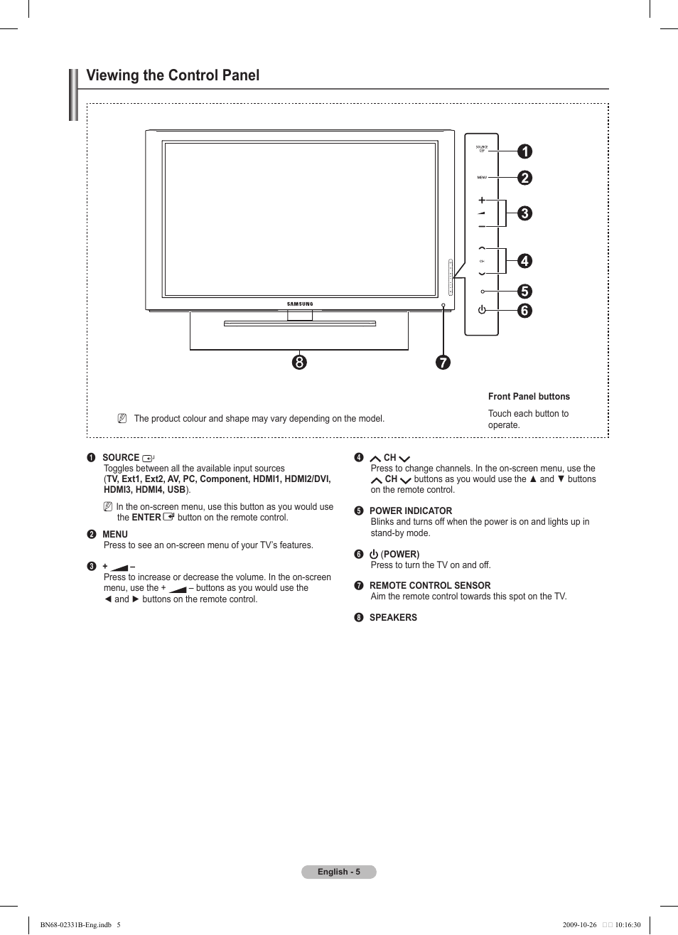 Viewing the control panel | Samsung PS50B551T3W User Manual | Page 5 / 462