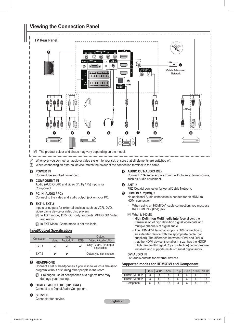 Viewing the connection panel | Samsung PS50B551T3W User Manual | Page 6 / 462