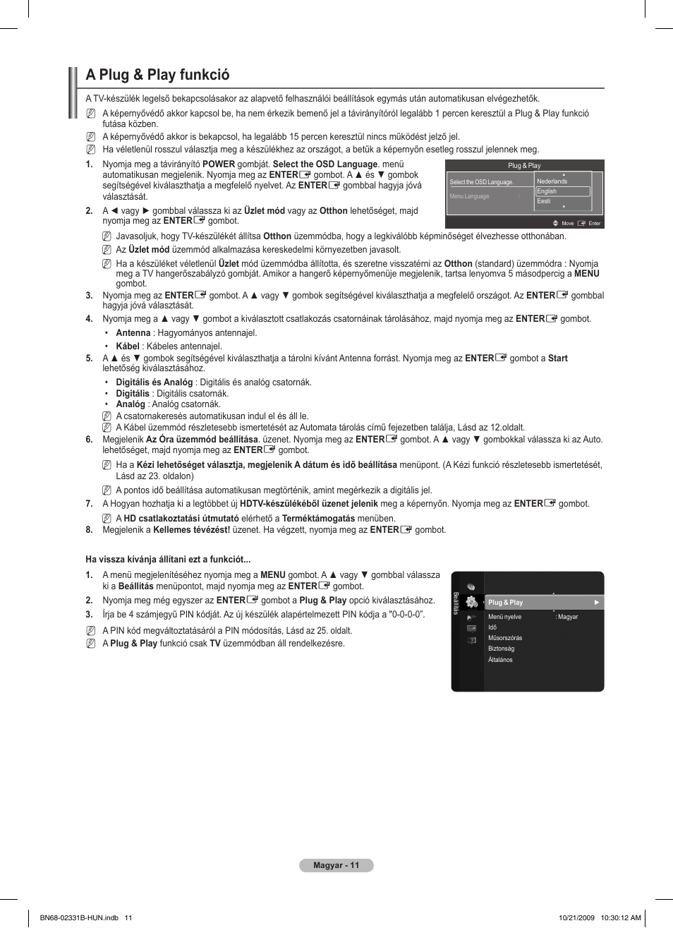 A plug & play funkció | Samsung PS50B551T3W User Manual | Page 65 / 462