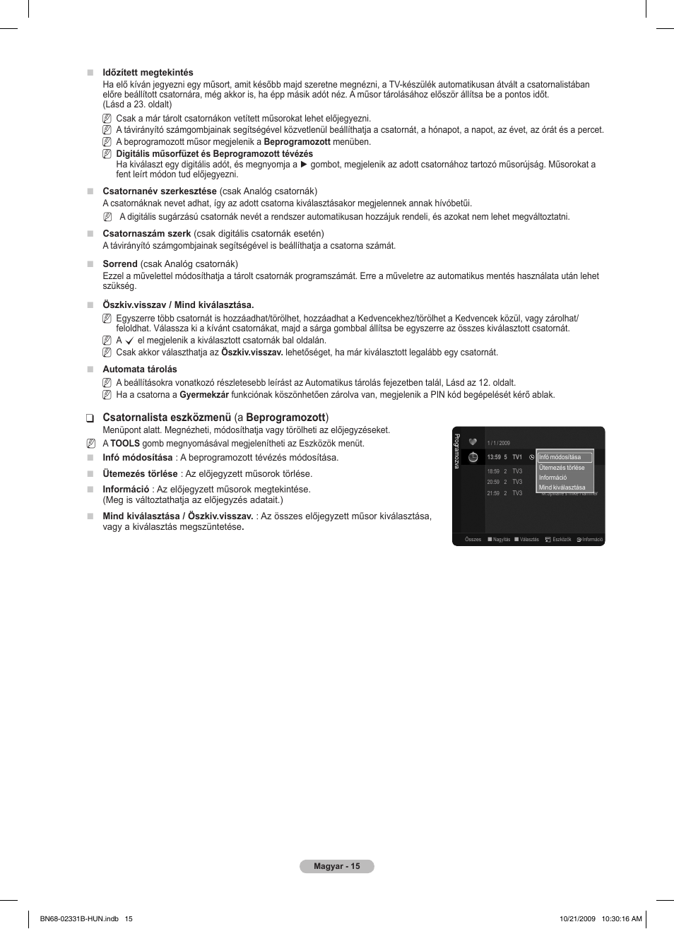 Csatornalista eszközmenü ❑ (a beprogramozott ) | Samsung PS50B551T3W User Manual | Page 69 / 462