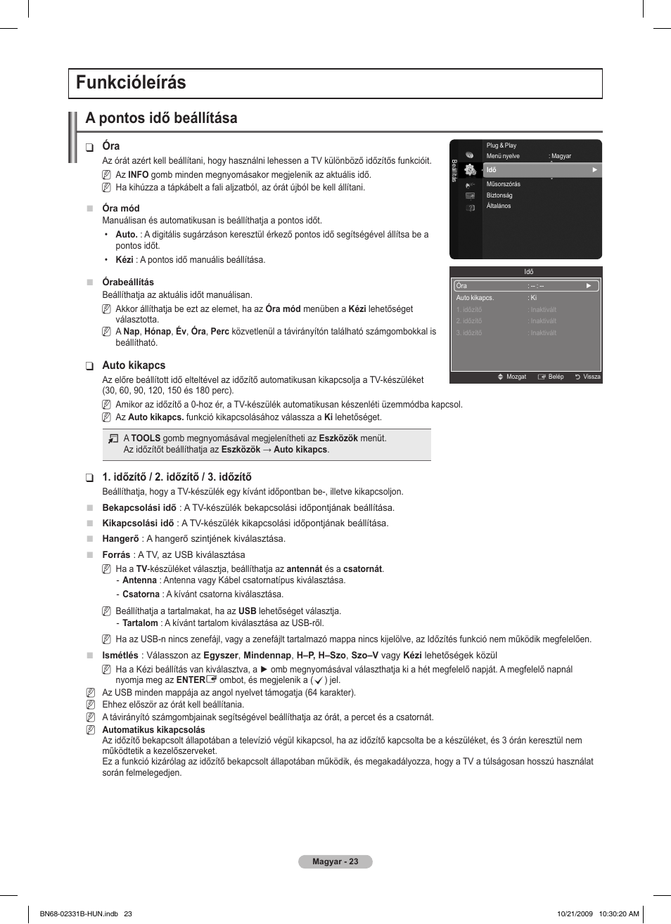 Funkcióleírás, A pontos idő beállítása | Samsung PS50B551T3W User Manual | Page 77 / 462