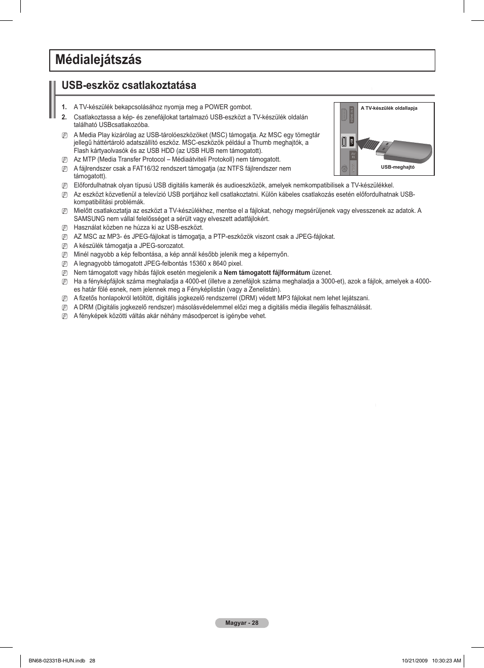 Médialejátszás, Usb-eszköz csatlakoztatása | Samsung PS50B551T3W User Manual | Page 82 / 462