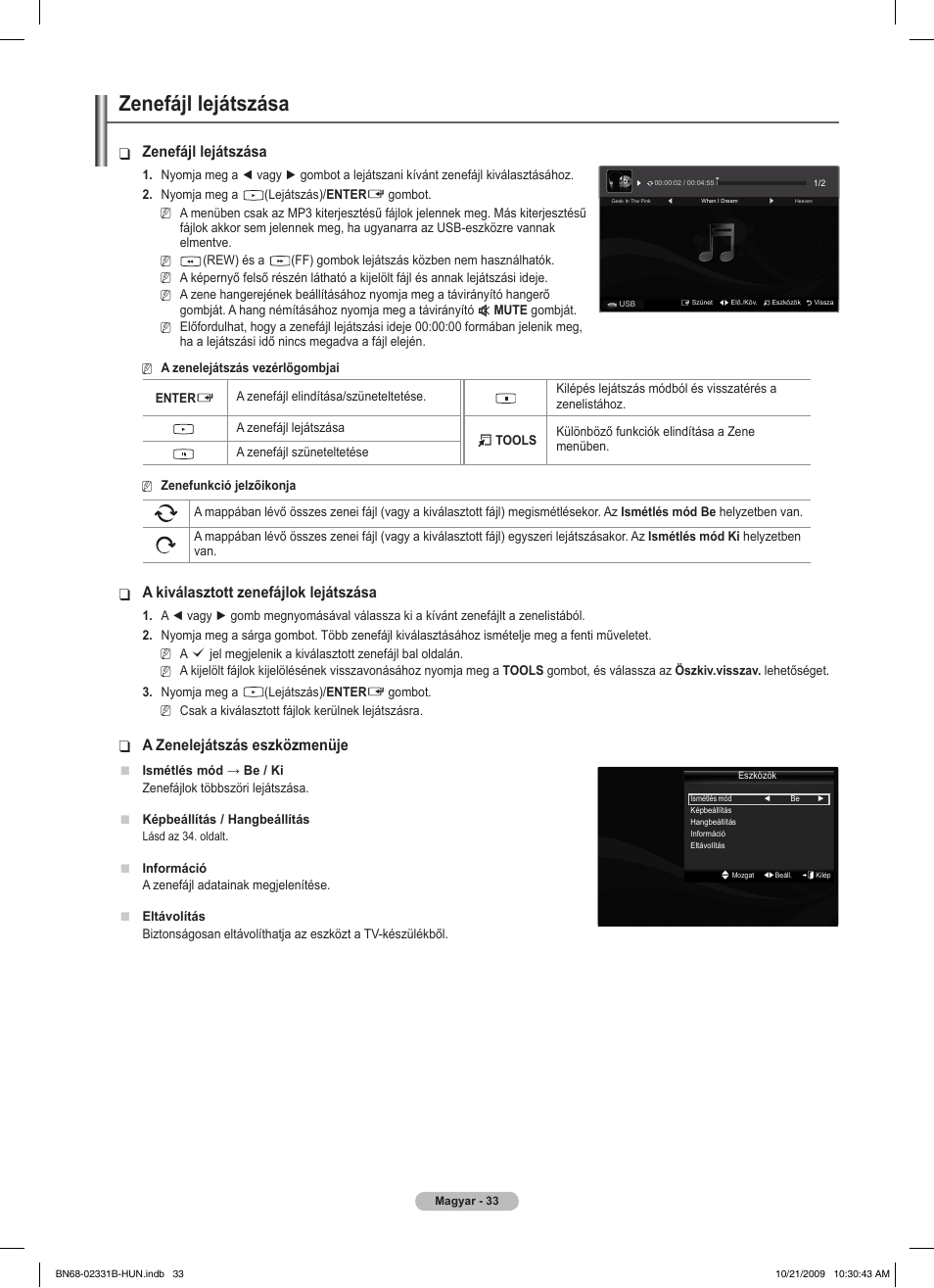 Zenefájl lejátszása, A kiválasztott zenefájlok lejátszása, A zenelejátszás eszközmenüje | Samsung PS50B551T3W User Manual | Page 87 / 462