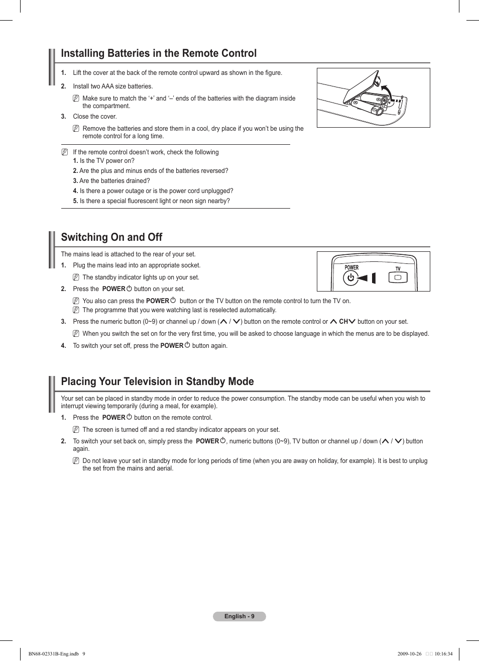 Installing batteries in the remote control, Switching on and off, Placing your television in standby mode | Samsung PS50B551T3W User Manual | Page 9 / 462
