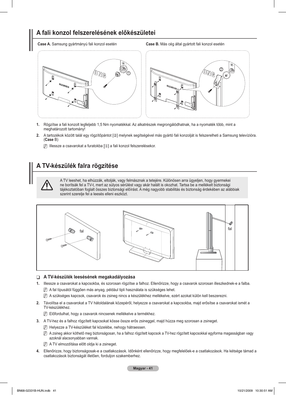 경고 주의 경고 주의, A fali konzol felszerelésének előkészületei, A tv-készülék falra rögzítése | Samsung PS50B551T3W User Manual | Page 95 / 462