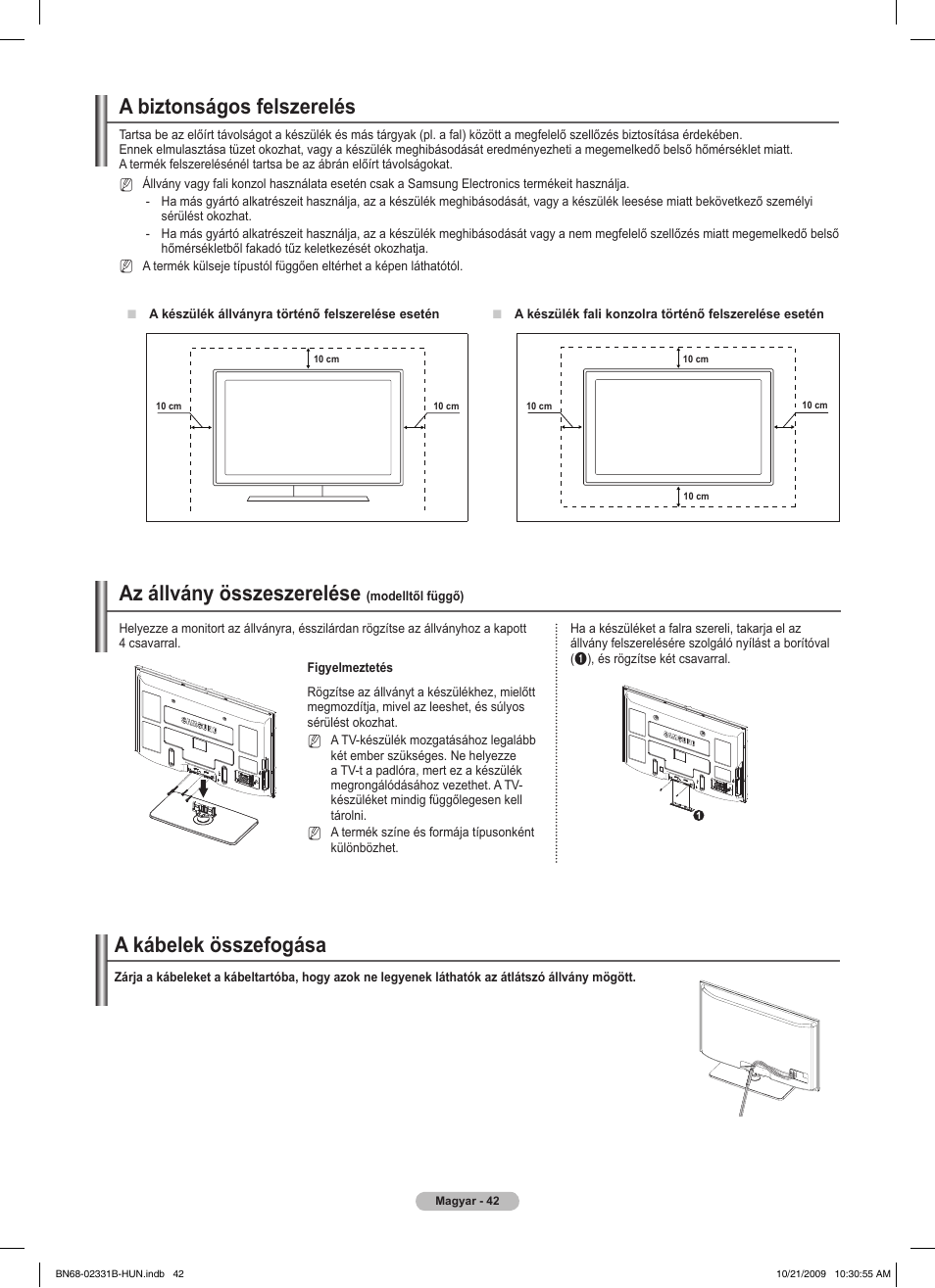 A biztonságos felszerelés, A kábelek összefogása, Az állvány összeszerelése | Samsung PS50B551T3W User Manual | Page 96 / 462