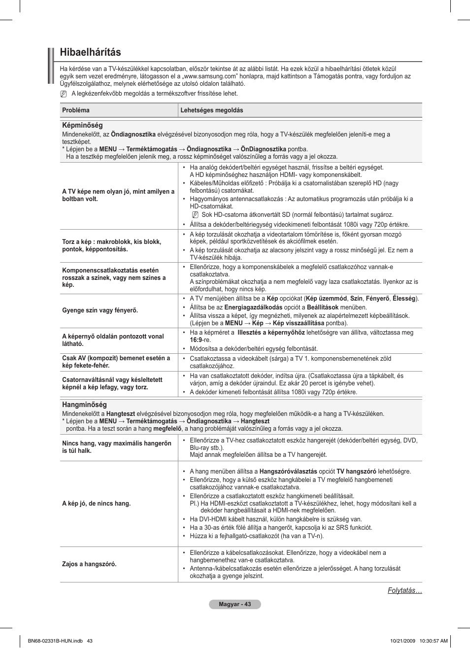 Hibaelhárítás | Samsung PS50B551T3W User Manual | Page 97 / 462