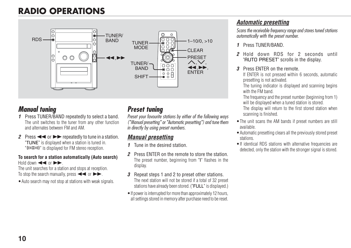 Radio operations, Manual tuning, Preset tuning | Aiwa XR-FA500 User Manual | Page 10 / 21