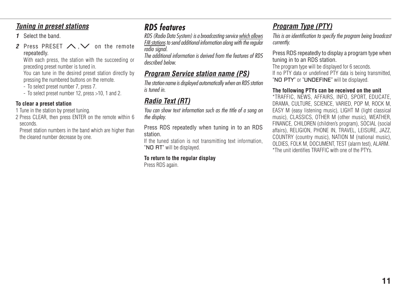 Rds features | Aiwa XR-FA500 User Manual | Page 11 / 21