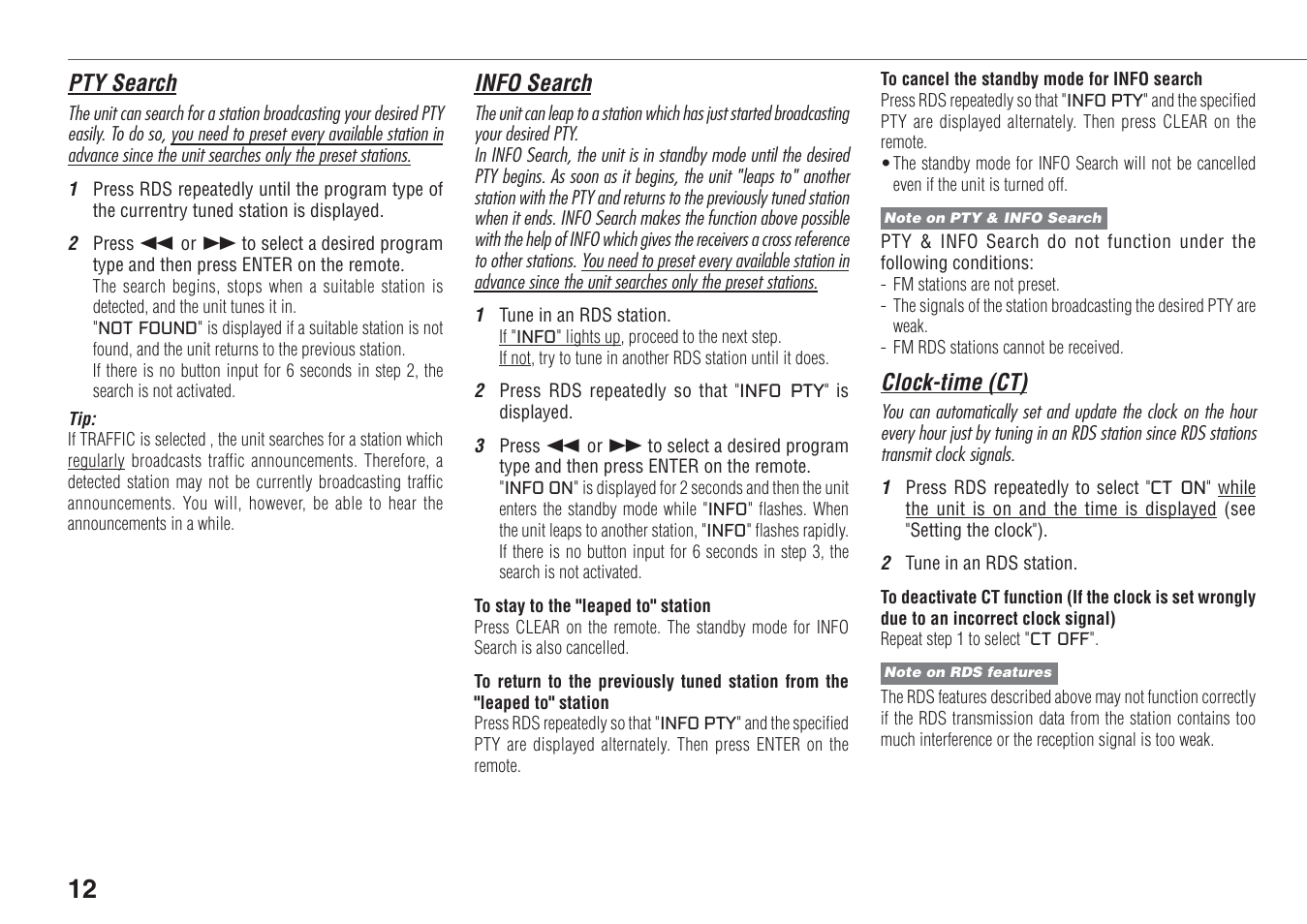 Pty search, Info search, Clock-time (ct) | Aiwa XR-FA500 User Manual | Page 12 / 21