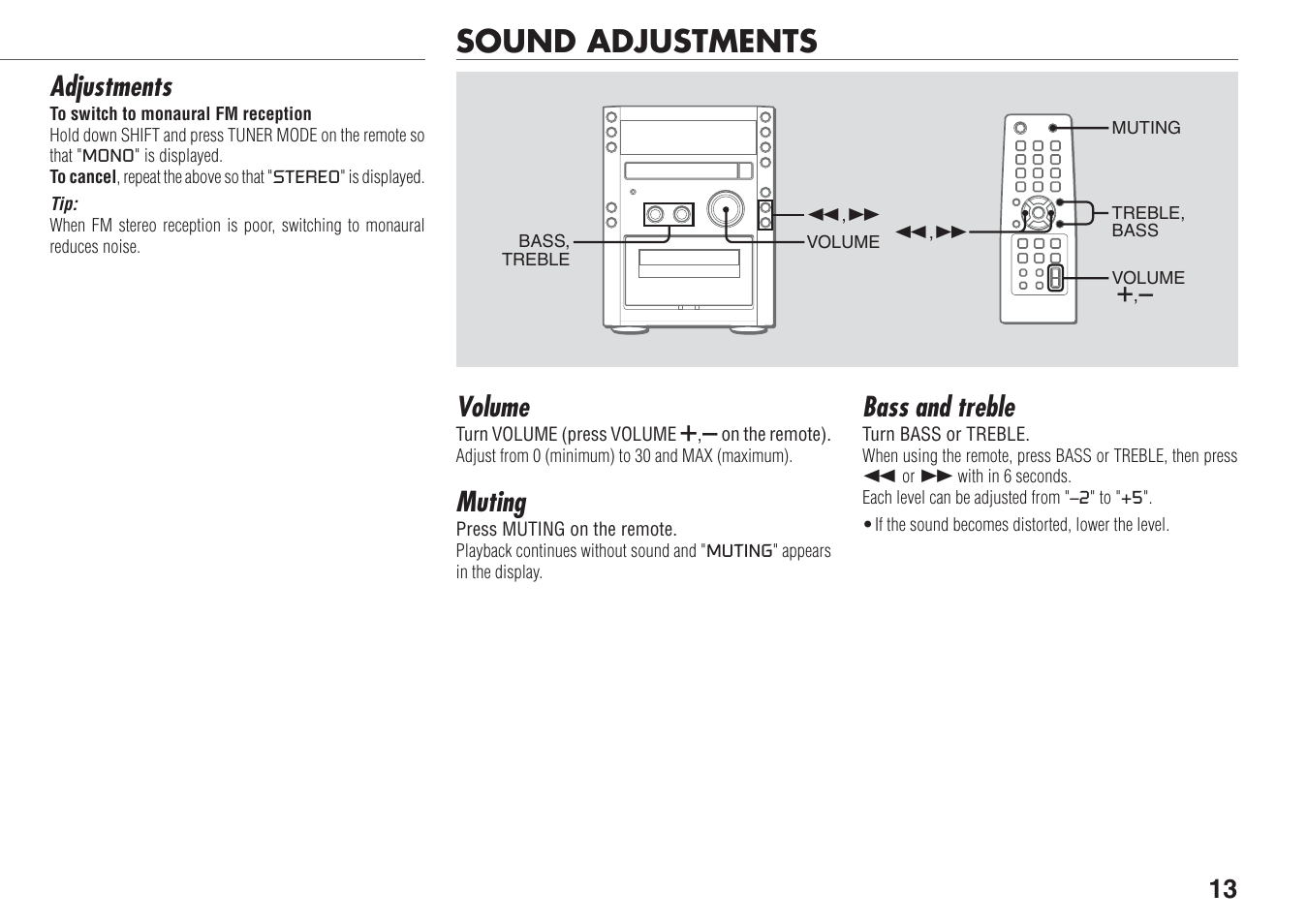 Sound adjustments, Volume, Muting | Bass and treble, Adjustments | Aiwa XR-FA500 User Manual | Page 13 / 21