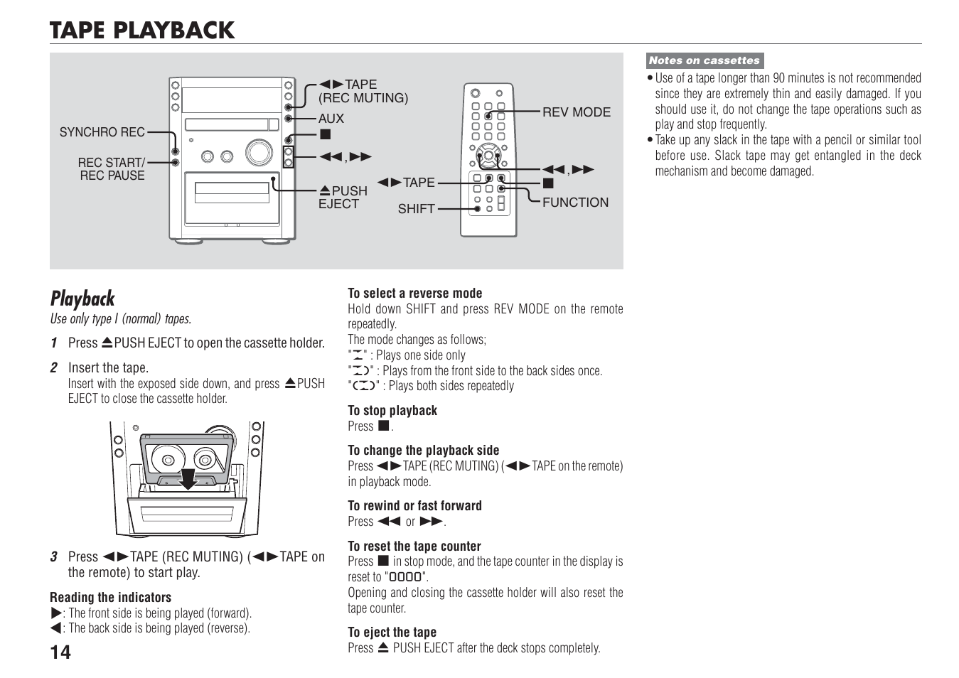 Tape playback, Playback | Aiwa XR-FA500 User Manual | Page 14 / 21
