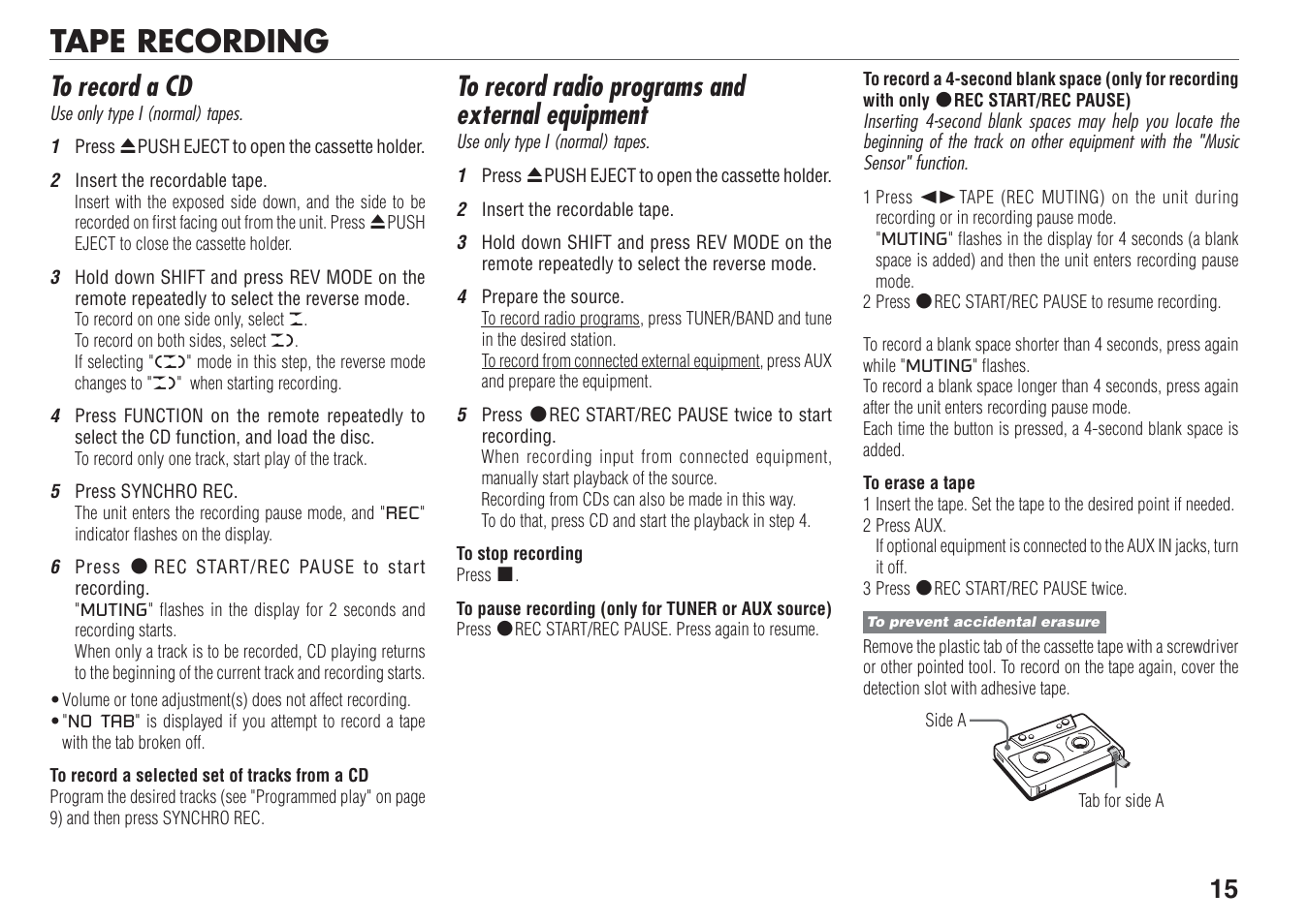 Tape recording | Aiwa XR-FA500 User Manual | Page 15 / 21