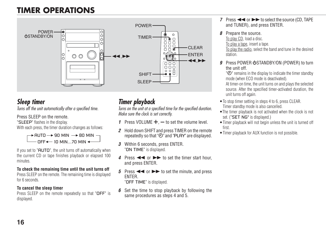 Timer operations, Sleep timer, Timer playback | Aiwa XR-FA500 User Manual | Page 16 / 21