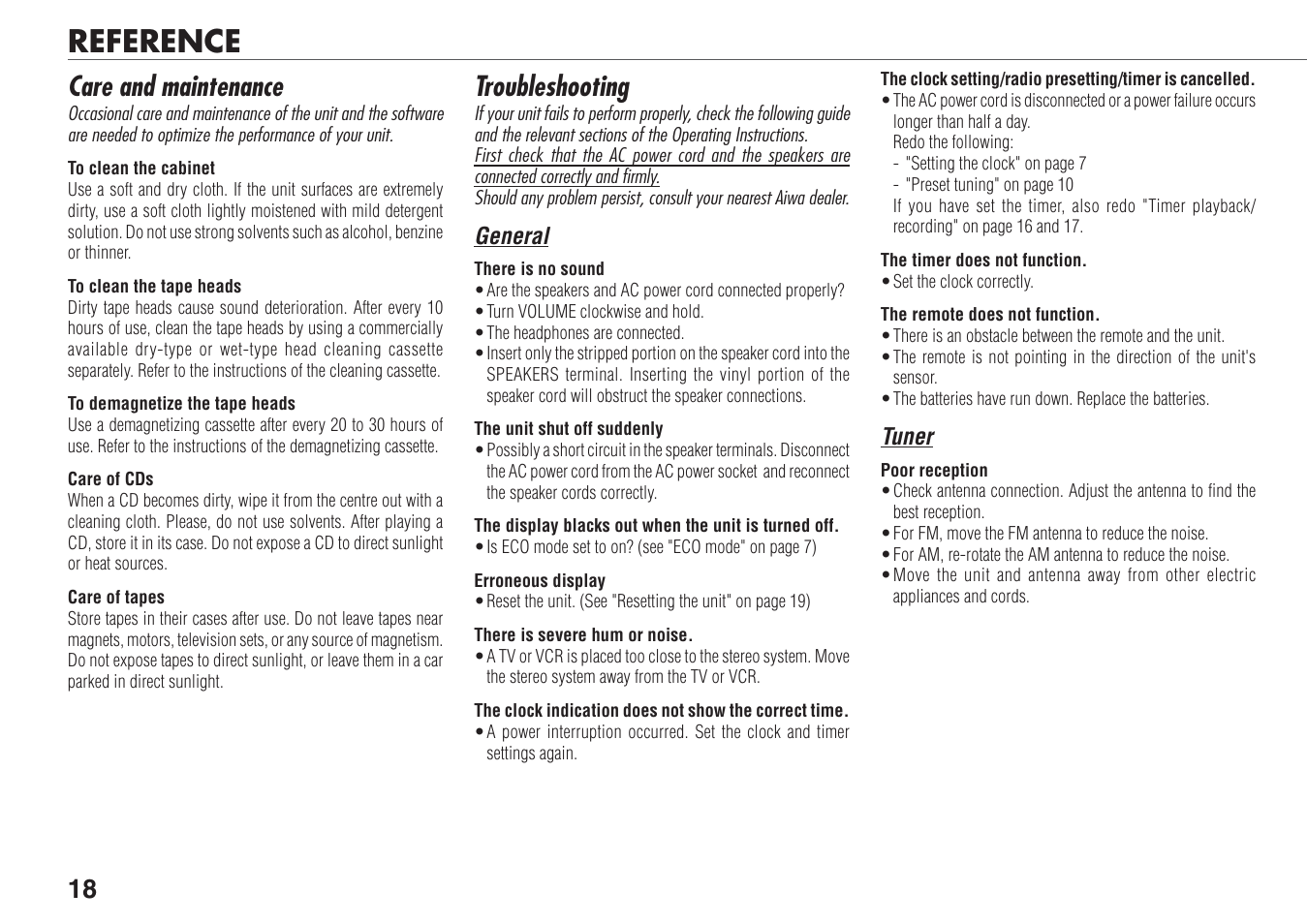 Reference, Troubleshooting, Care and maintenance | Aiwa XR-FA500 User Manual | Page 18 / 21