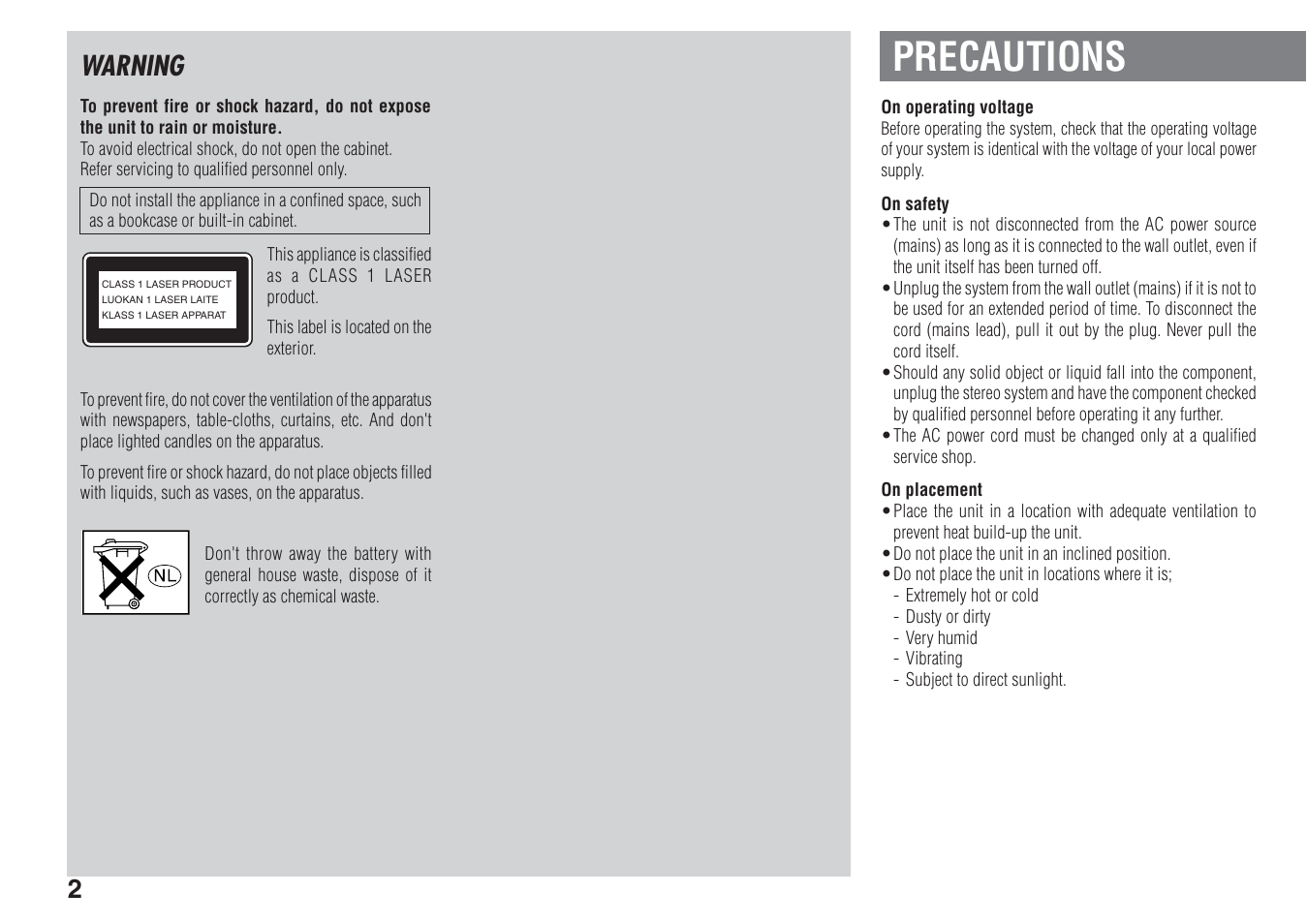 Precautions, Warning | Aiwa XR-FA500 User Manual | Page 2 / 21