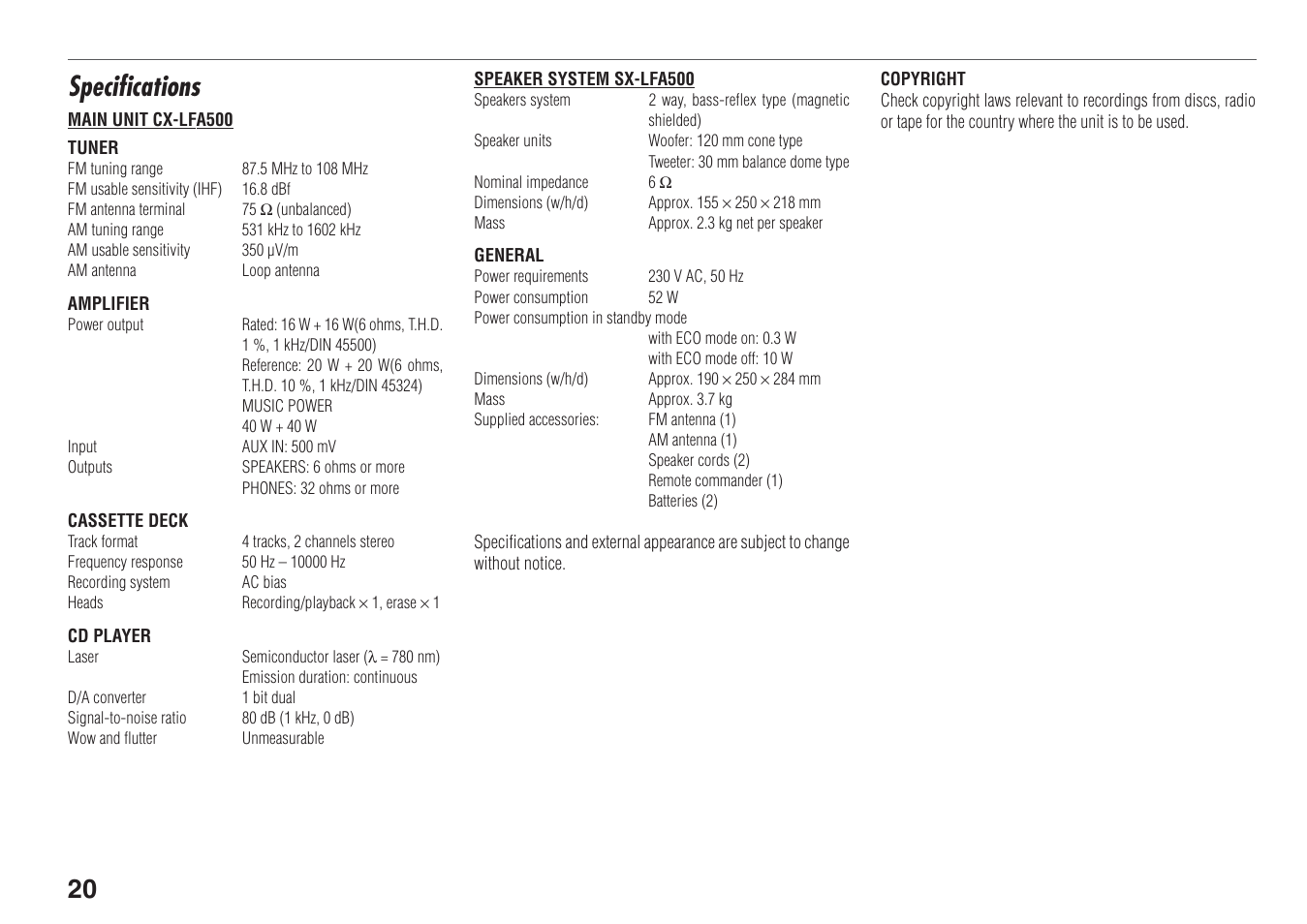 Specifications | Aiwa XR-FA500 User Manual | Page 20 / 21