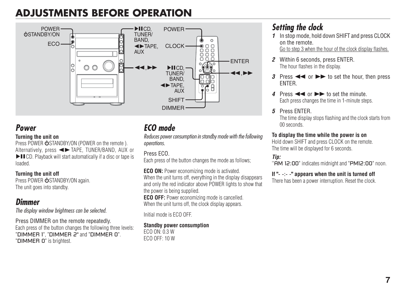 Adjustments before operation, Eco mode, Setting the clock | Power, Dimmer | Aiwa XR-FA500 User Manual | Page 7 / 21