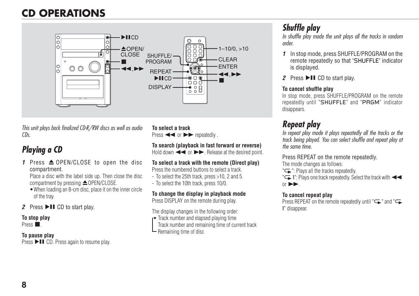 Cd operations, Playing a cd, Shuffle play | Repeat play | Aiwa XR-FA500 User Manual | Page 8 / 21