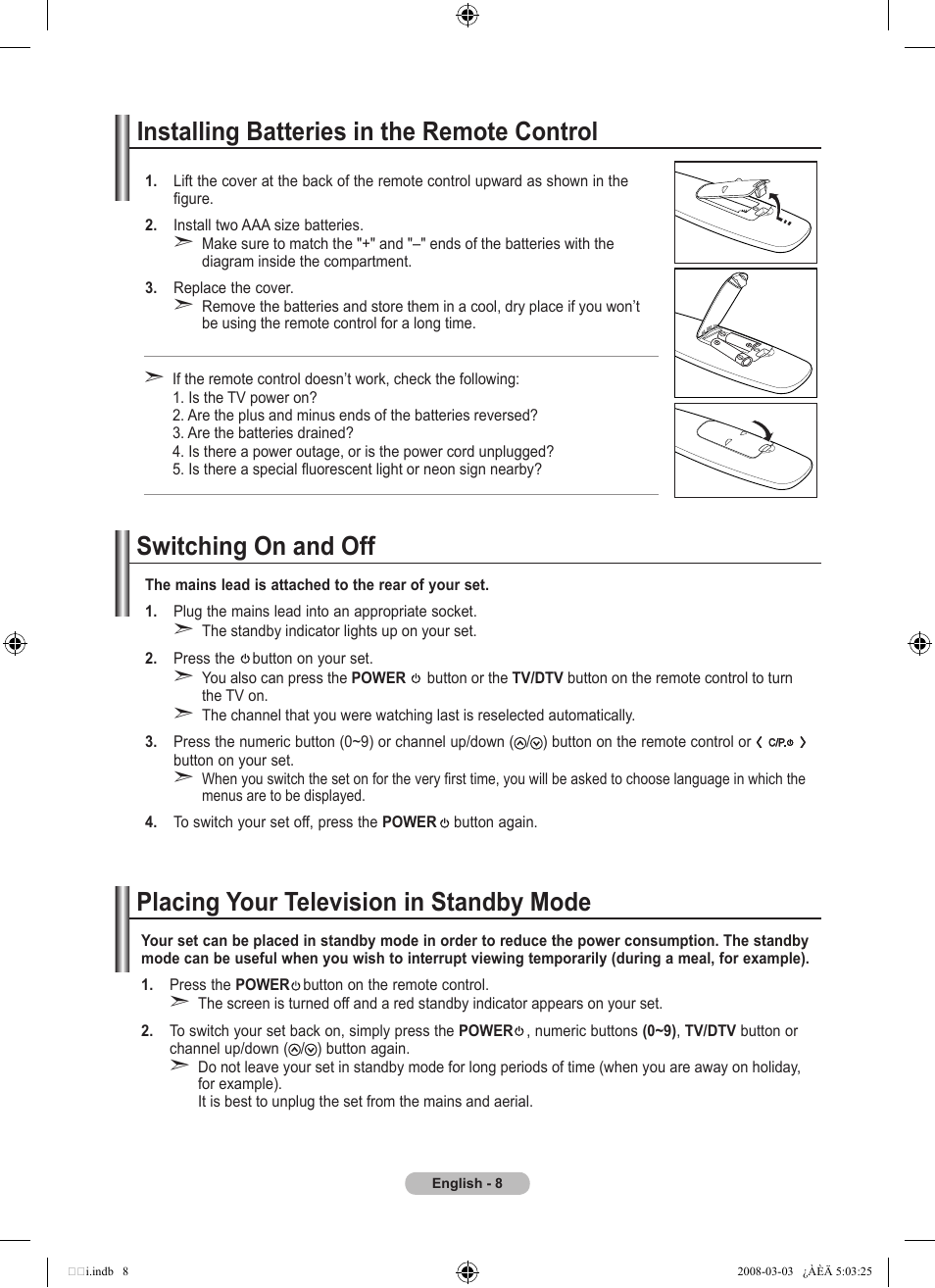 Installing batteries in the remote control, Switching on and off, Placing your television in standby mode | Samsung LE32A455C1D User Manual | Page 10 / 542