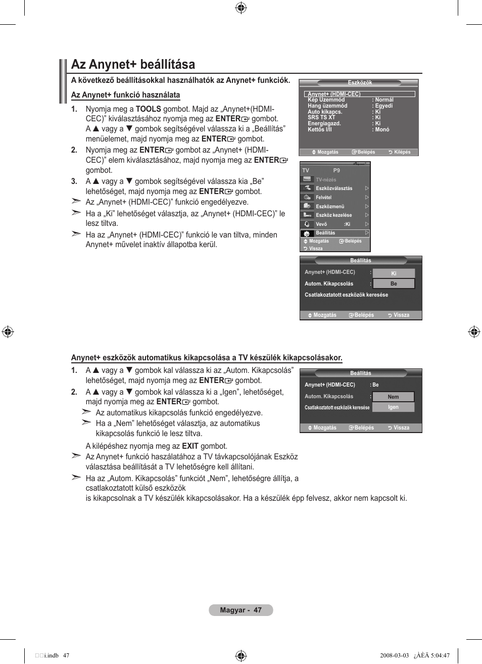 Az anynet+ beállítása | Samsung LE32A455C1D User Manual | Page 109 / 542