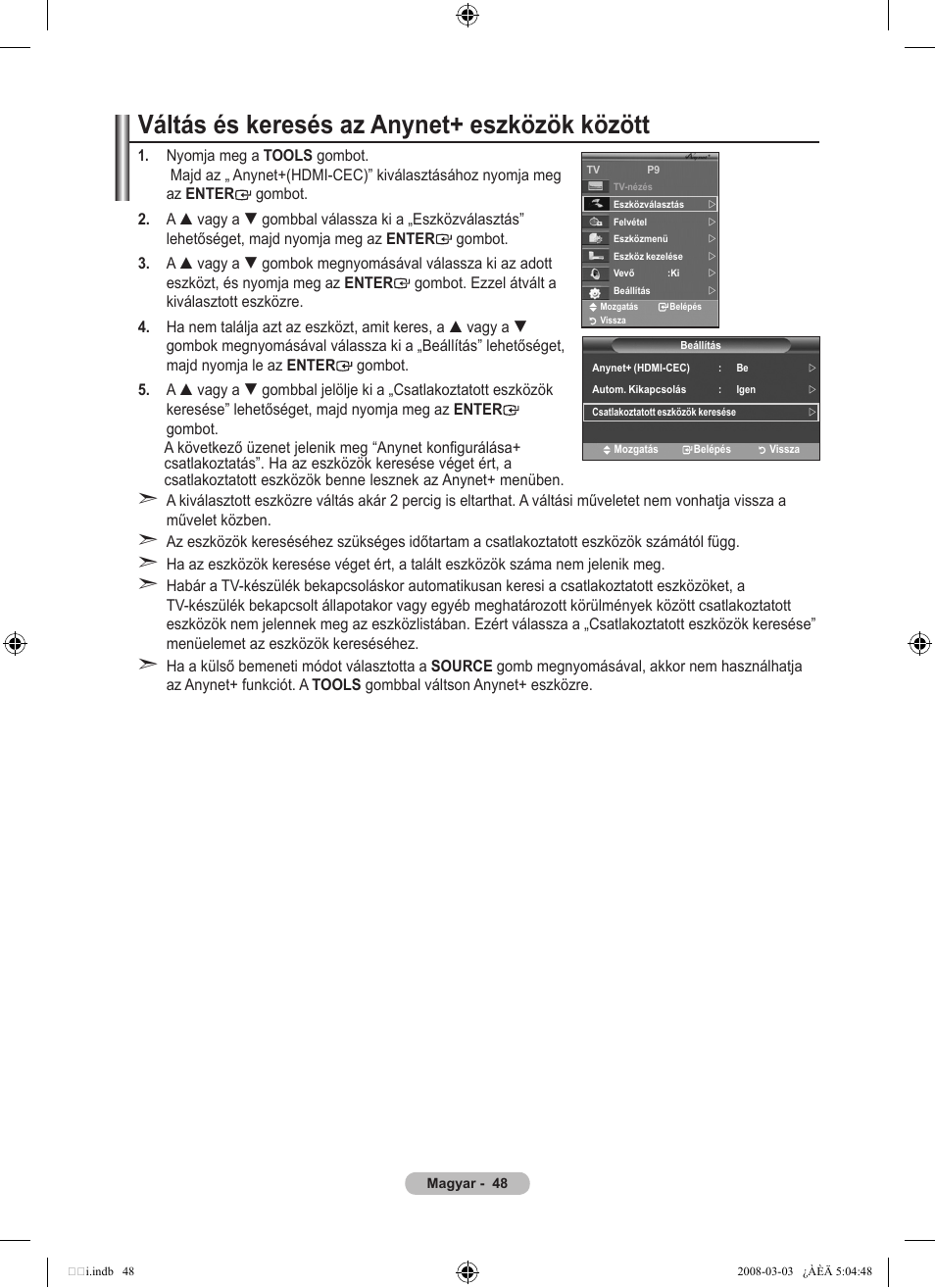 Váltás és keresés az anynet+ eszközök között | Samsung LE32A455C1D User Manual | Page 110 / 542