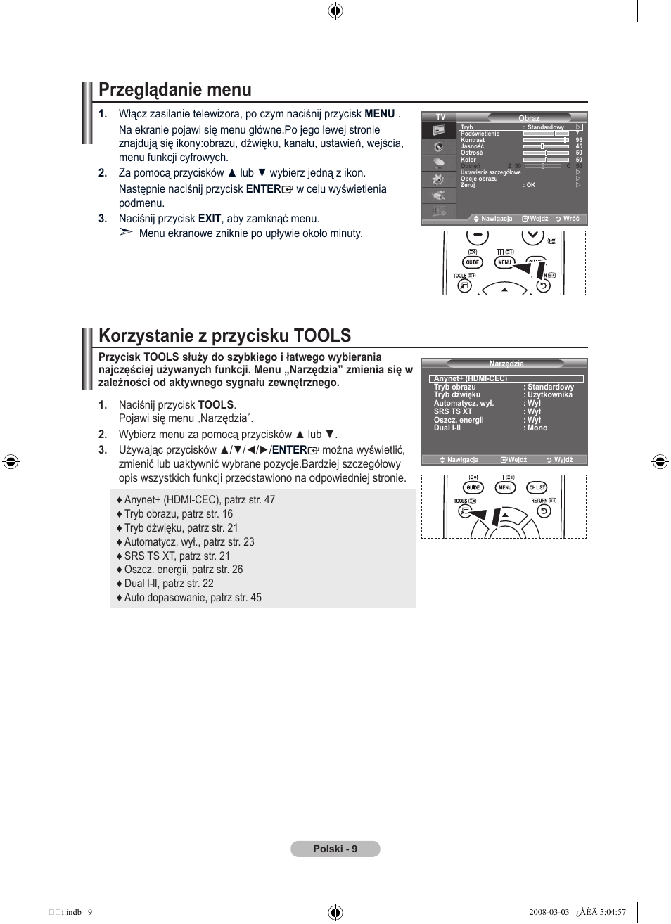 Przeglądanie menu, Korzystanie z przycisku tools | Samsung LE32A455C1D User Manual | Page 131 / 542