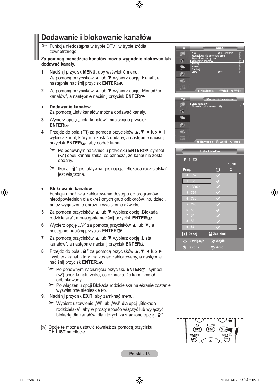 Dodawanie i blokowanie kanałów | Samsung LE32A455C1D User Manual | Page 135 / 542