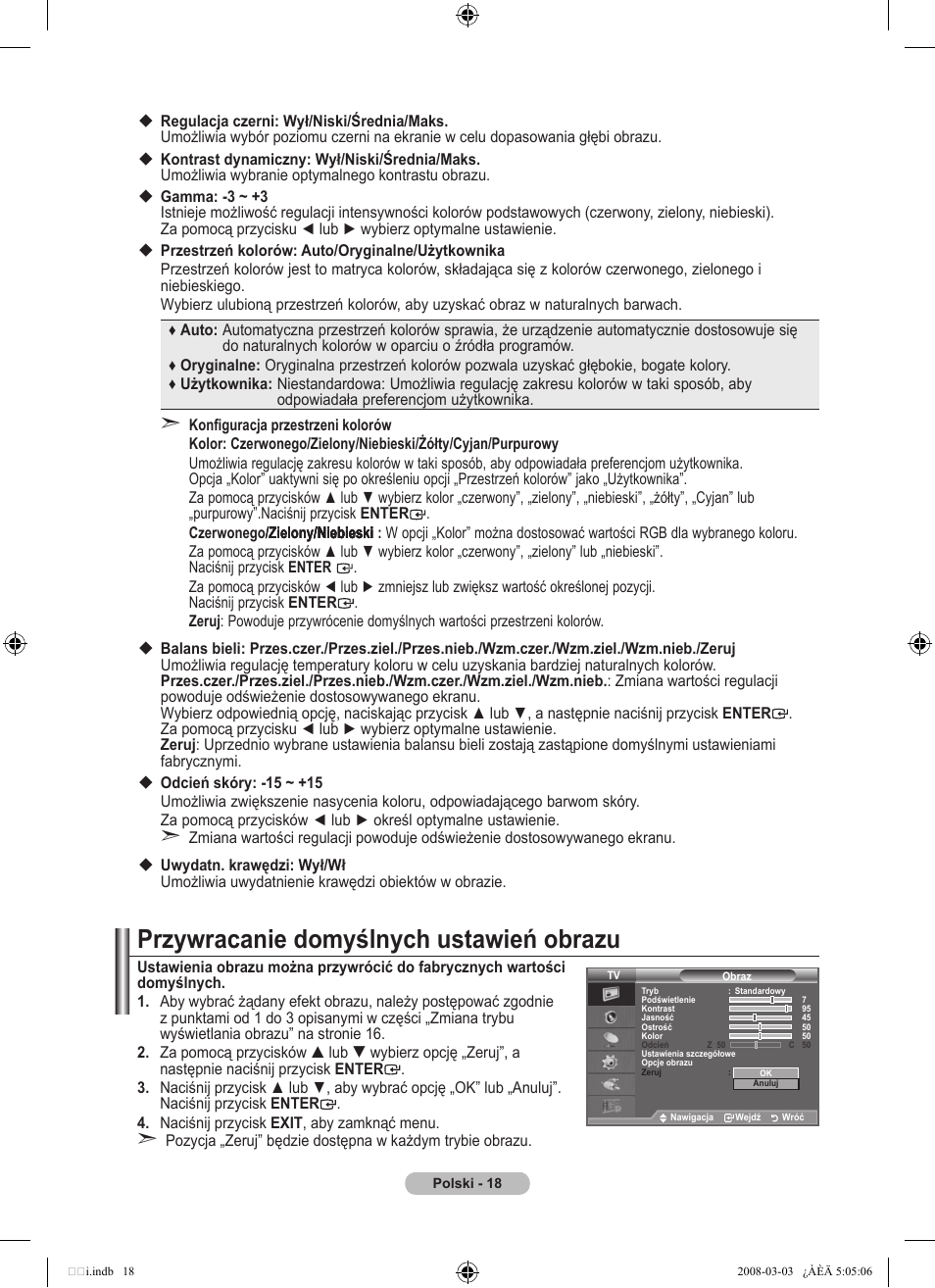 Przywracanie domyślnych ustawień obrazu | Samsung LE32A455C1D User Manual | Page 140 / 542