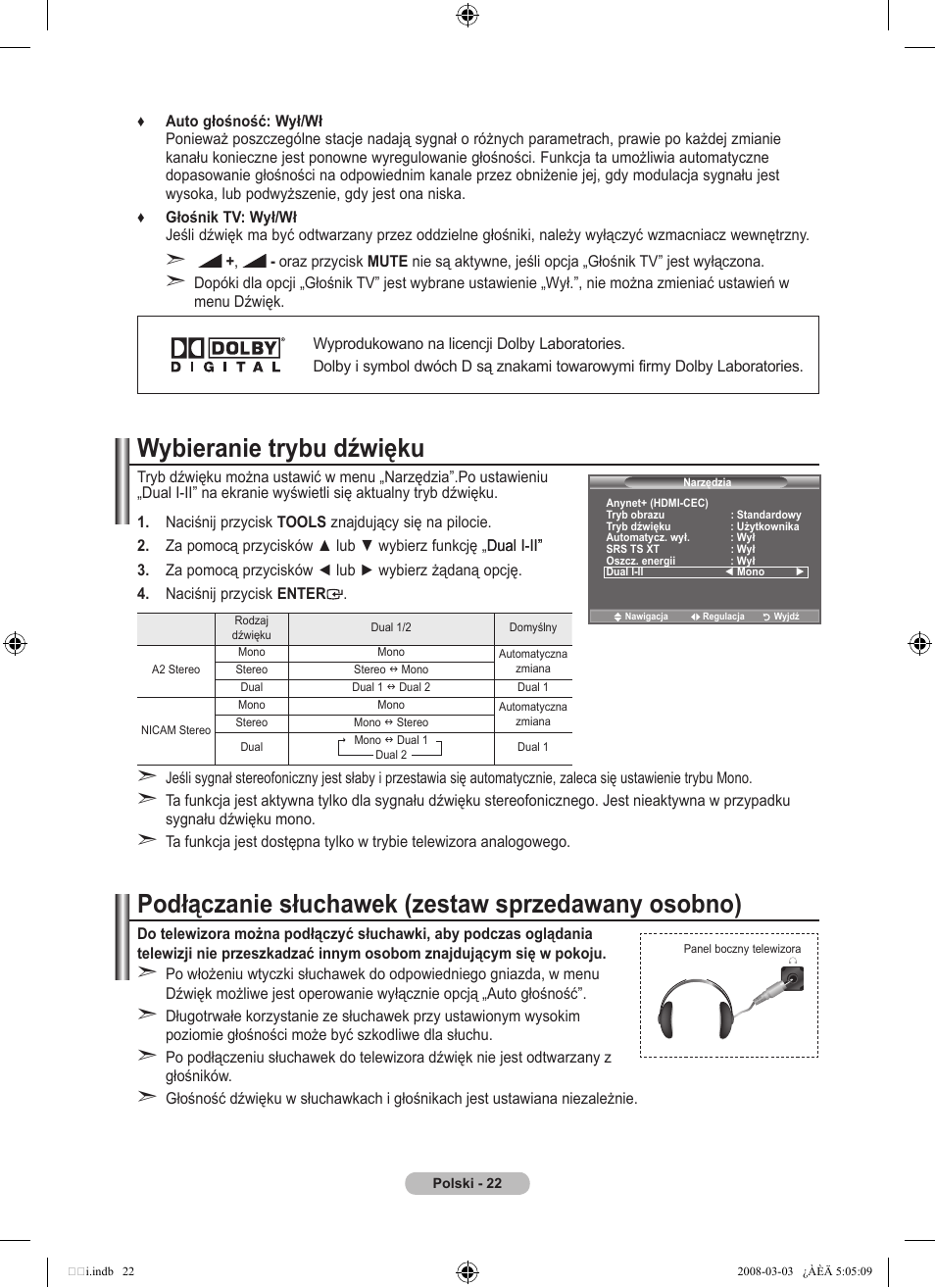 Wybieranie trybu dźwięku, Podłączanie słuchawek (zestaw sprzedawany osobno) | Samsung LE32A455C1D User Manual | Page 144 / 542