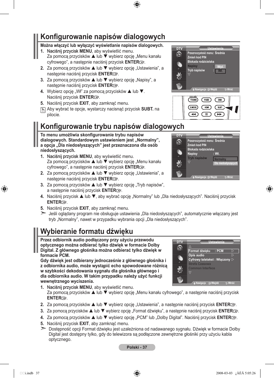 Konfigurowanie napisów dialogowych, Konfigurowanie trybu napisów dialogowych, Wybieranie formatu dźwięku | Samsung LE32A455C1D User Manual | Page 159 / 542