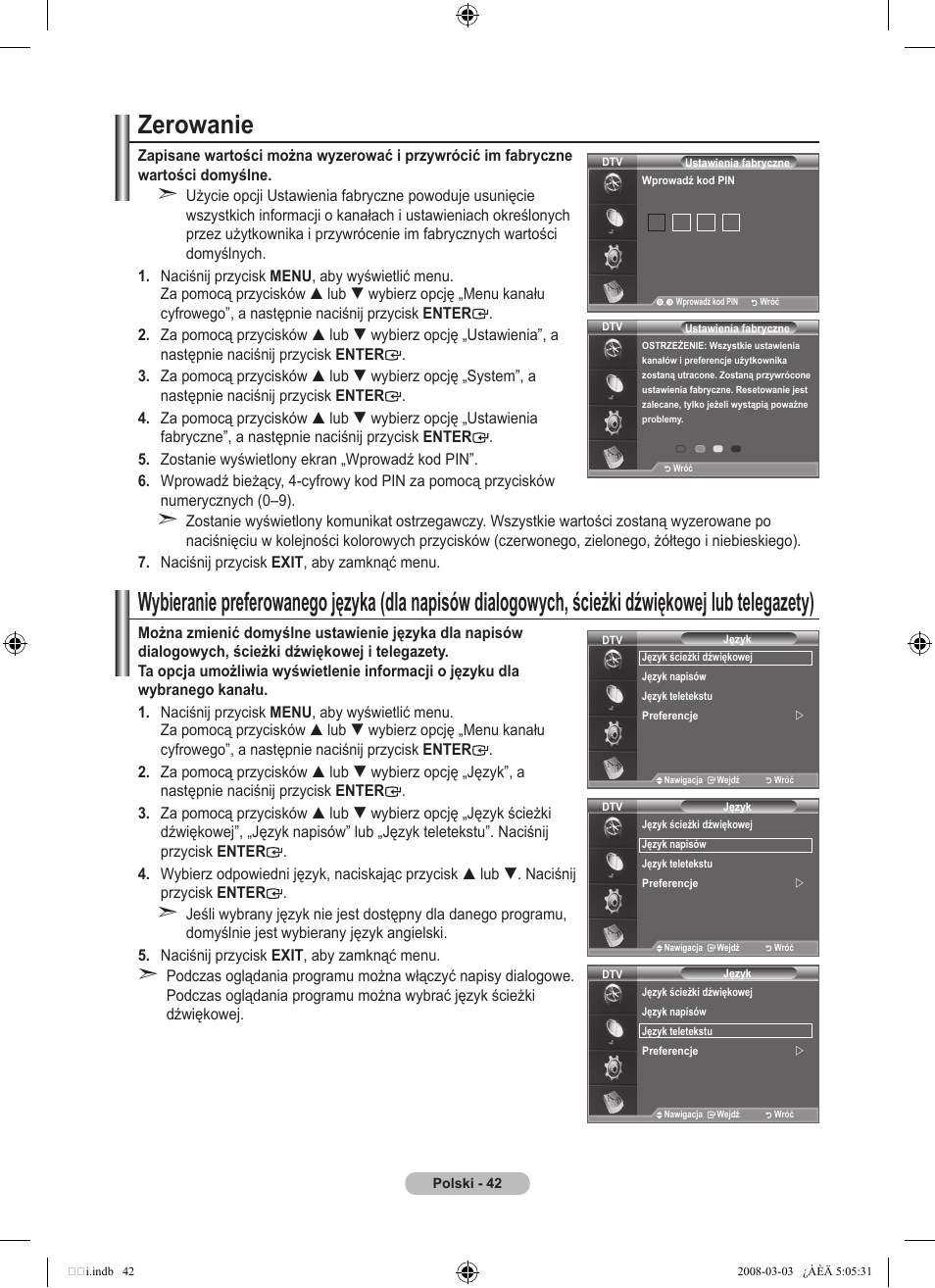 Zerowanie | Samsung LE32A455C1D User Manual | Page 164 / 542