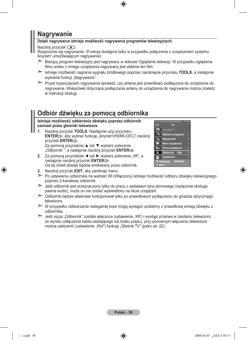 Nagrywanie, Odbiór dźwięku za pomocą odbiornika | Samsung LE32A455C1D User Manual | Page 172 / 542