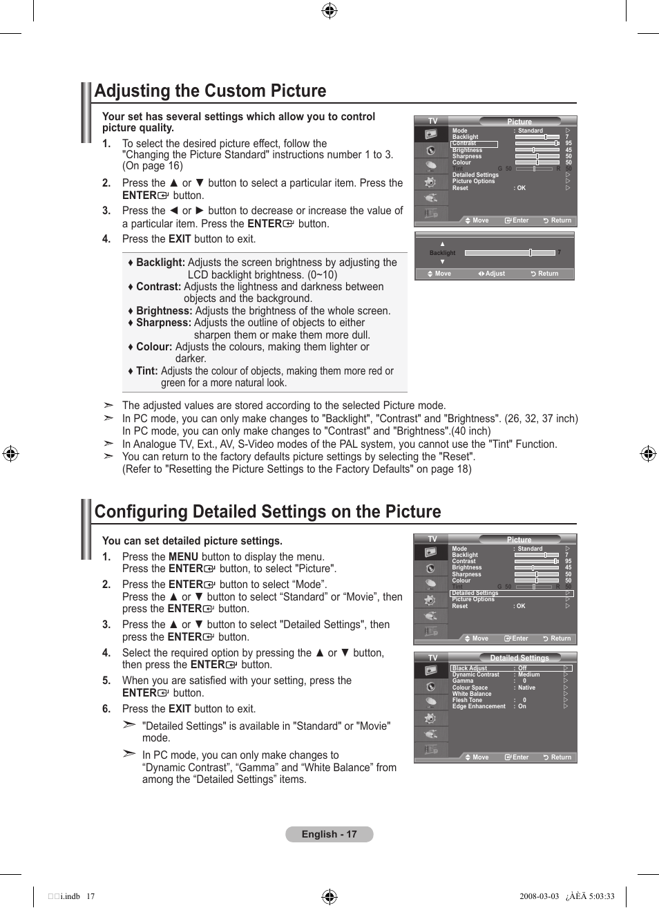 Adjusting the custom picture, Configuring detailed settings on the picture | Samsung LE32A455C1D User Manual | Page 19 / 542