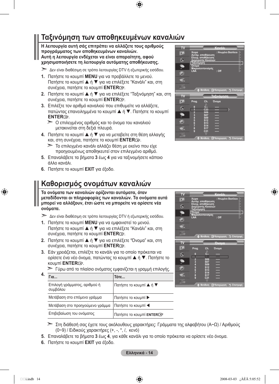 Ταξινόμηση των αποθηκευμένων καναλιών, Καθορισμός ονομάτων καναλιών | Samsung LE32A455C1D User Manual | Page 196 / 542