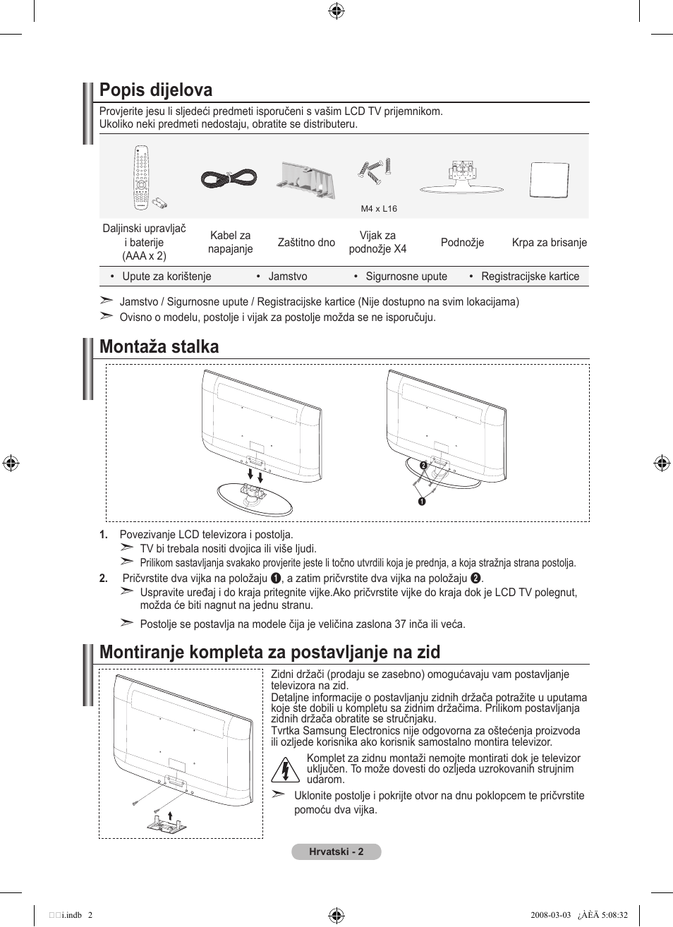 Popis dijelova, Montaža stalka, Montiranje kompleta za postavljanje na zid | Samsung LE32A455C1D User Manual | Page 304 / 542