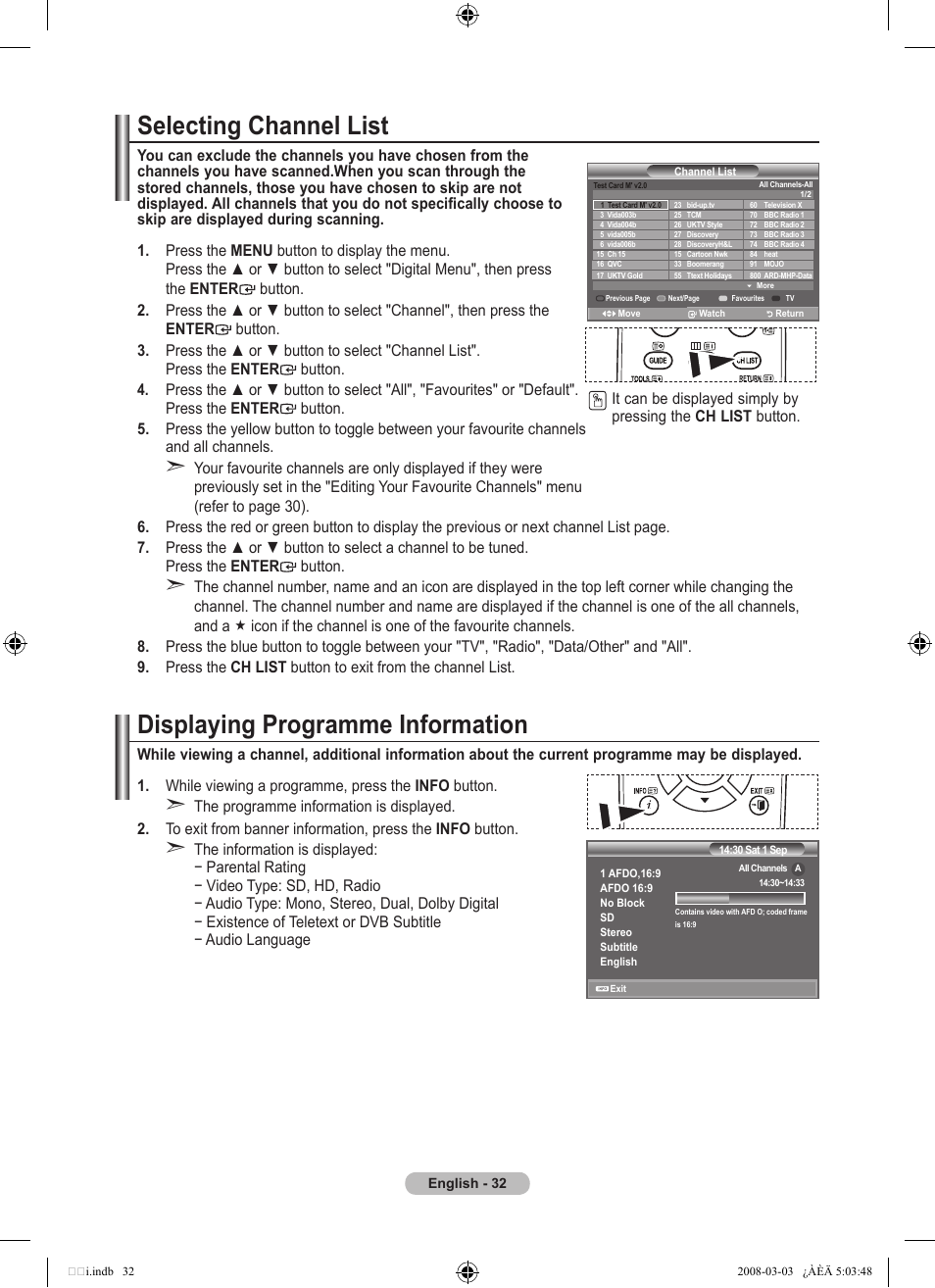 Selecting channel list, Displaying programme information | Samsung LE32A455C1D User Manual | Page 34 / 542