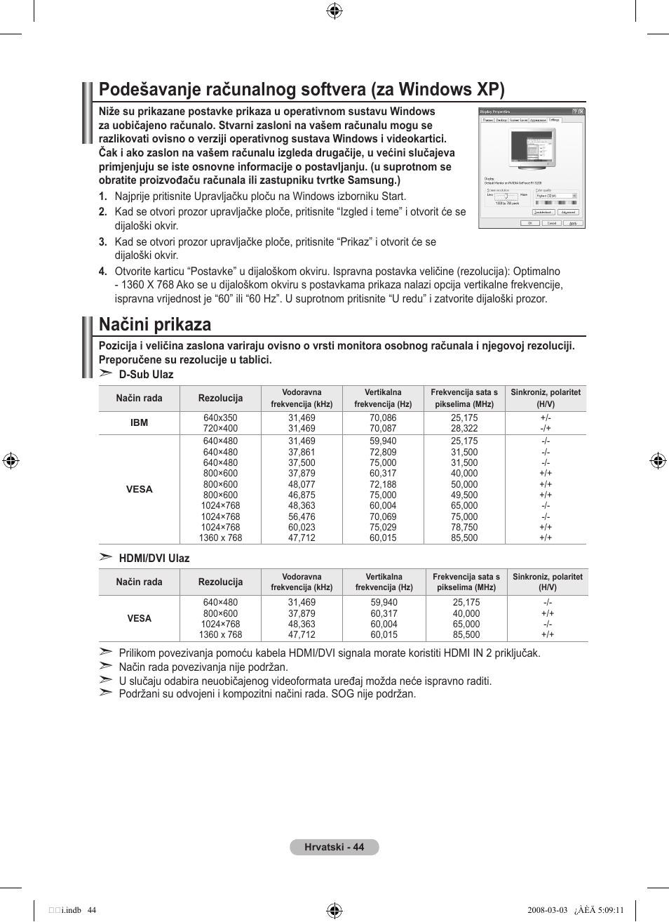 Podešavanje računalnog softvera (za windows xp), Načini prikaza | Samsung LE32A455C1D User Manual | Page 346 / 542