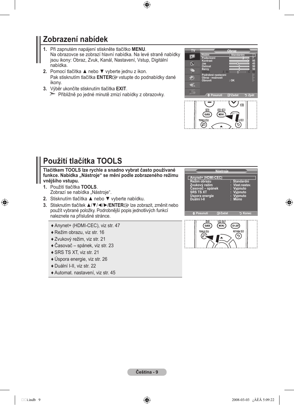 Zobrazení nabídek, Použití tlačítka tools | Samsung LE32A455C1D User Manual | Page 371 / 542