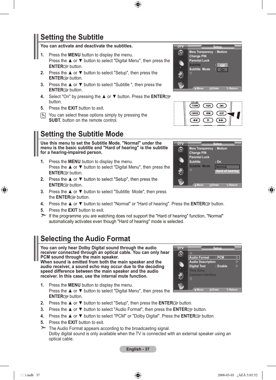 Setting the subtitle, Setting the subtitle mode, Selecting the audio format | Samsung LE32A455C1D User Manual | Page 39 / 542