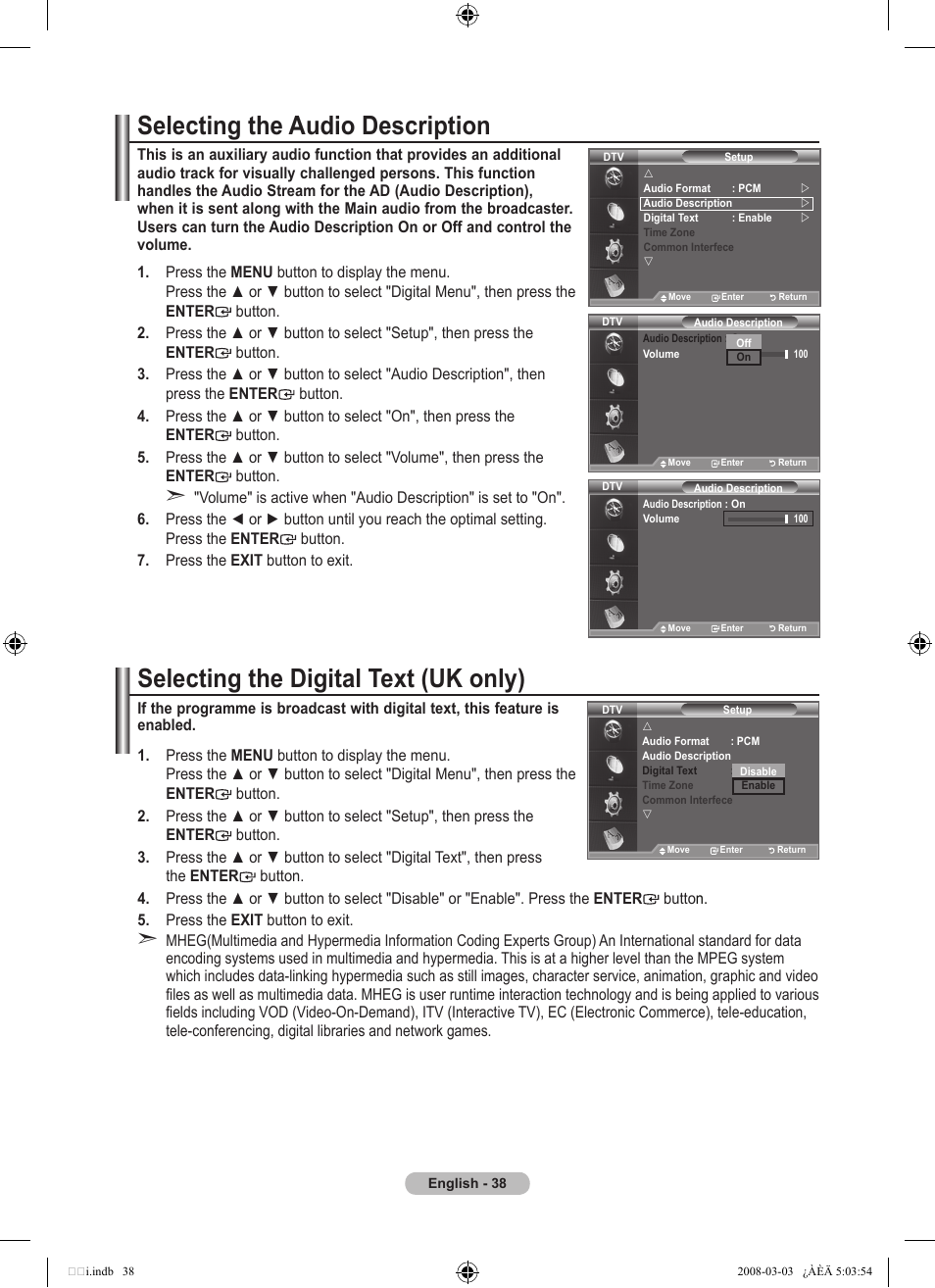 Selecting the audio description, Selecting the digital text (uk only) | Samsung LE32A455C1D User Manual | Page 40 / 542