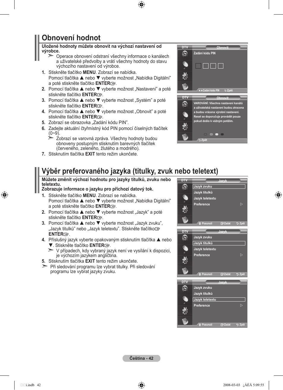 Obnovení hodnot | Samsung LE32A455C1D User Manual | Page 404 / 542