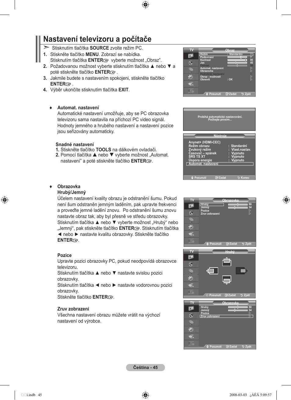 Nastavení televizoru a počítače | Samsung LE32A455C1D User Manual | Page 407 / 542